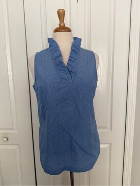 crown & ivy Denim Blue Ruffled V-Neck Sleeveless Top Large